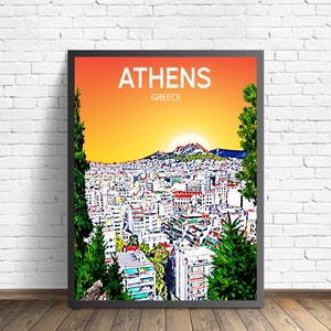 Athen Griechenland Kunst Poster Sonnenuntergang / Nacht Poster Kunstdruck, Athen Stadt eingerahmt moderne Wandkunst, bunte Skyline Leinwand Skizze