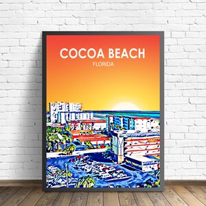 Cocoa Beach FL Art Poster, Florida Sunset / Night Landscape Poster Print, Cocoa Beach City Framed Wall Art, Colorful Skyline Sketch