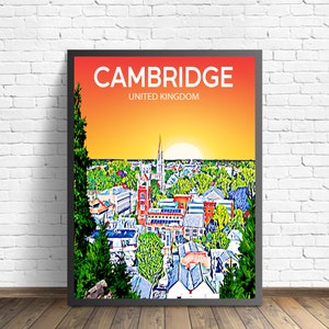 Cambridge UK Art Poster Sunset / Night Poster Art Print, Cambridge Canada City Modern Wall art, Colorful Skyline Canvas Sketch