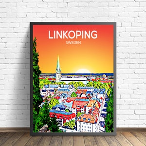 Póster artístico de Linköping, Suecia, impresión artística de atardecer/noche, arte mural moderno de la ciudad de Linköping, boceto de lienzo del horizonte
