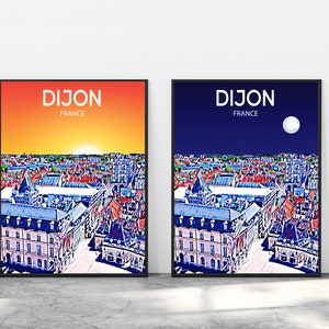 Dijon Frankreich Kunst Poster Sonnenuntergang / Nacht Poster Kunstdruck, Dijon Stadt Moderne Wandkunst, Bunte Skyline Leinwand Skizze