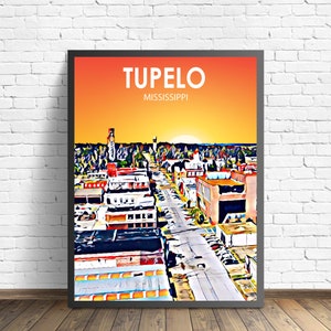 Tupelo MI Art Poster, Mississippi Sunset Landscape Poster Print, Tupelo City Framed Wall Canvas Art Colorful Skyline Sketch Photo