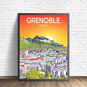 Grenoble France Art Poster Sunset / Night Poster Art Print, Grenoble City Framed Modern Wall art, Colorful Skyline Canvas Sketch