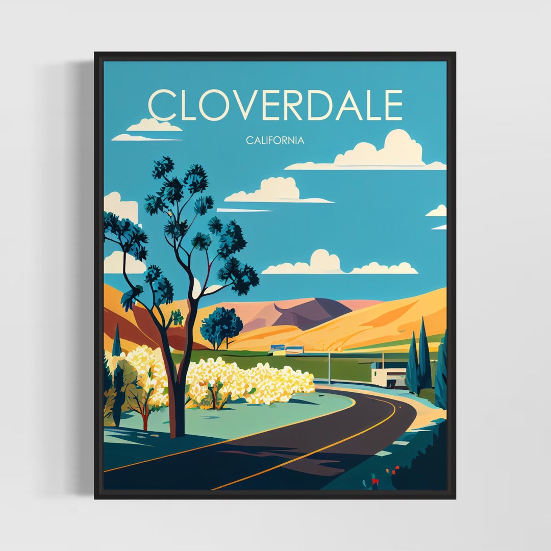 Cloverdale California Retro Art Print, Cloverdale Art Illustration