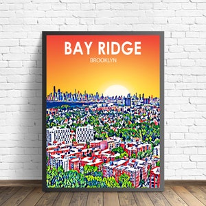 Bay Ridge Brooklyn Art Poster, Sunset / Night Landscape Poster Print, Bay Ridge City Framed Wall Art United States, Colorful Skyline Sketch