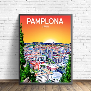 Pampelune, Espagne, affiche d'art coucher de soleil / nuit, impression d'art, Pampelune, ville encadrée, art mural moderne, ligne d'horizon colorée, toile, croquis, cadeau