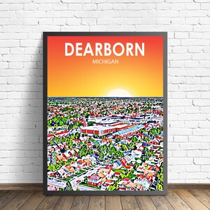 Dearborn Michigan Art Poster Sunset Landscape Poster Print, Dearborn Wall Art United States Colorful Skyline Sketch Photo Decor