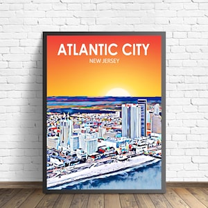 Atlantic City New Jersey Sunset / Night Landscape Poster Print, Atlantic City Wall Art United States, Colorful Sketch Home