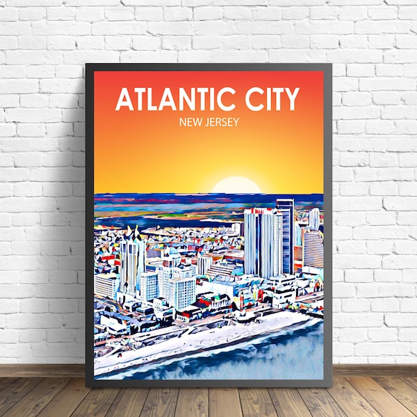 Atlantic City New Jersey Sunset / Night Landscape Poster Print, Atlantic City Wall Art United States, Colorful Sketch Home