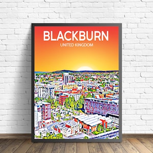 Blackburn UK Art Poster Sunset / Night Poster Art Print, Blackburn City Framed Modern Wall art, Colorful Skyline Canvas Sketch