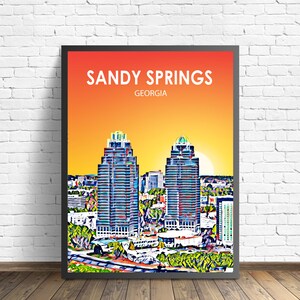 Affiche d'art de Sandy Springs GA, impression d'affiche de paysage coucher de soleil de Géorgie, ville de Sandy Springs, toile murale encadrée, art coloré de croquis d'horizon