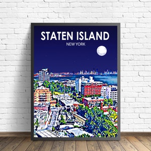 Staten Island NY Kunstplakat, New York Sonnenuntergang Landschaft Poster Druck, Staten Island Stadt Wand Leinwand Kunst Bunte Skyline Skizze Foto