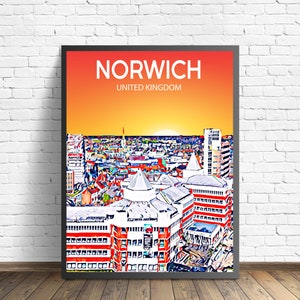 Norwich UK Art Poster Sunset / Night Poster Art Print, Norwich City Framed Modern Wall art, Colorful Skyline Canvas Photo sketch