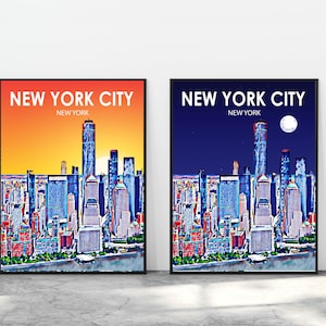 Affiche d'art de New York City NY, impression d'affiche de paysage de coucher de soleil, photo de croquis coloré d'horizon d'art de toile de mur de ville de plage de New York City