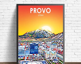 Provo UT Art Poster, Utah Sunset Landscape Poster Print, Provo City Framed Wall Canvas Art Colorful Skyline Sketch Photo