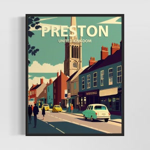 Lámina artística retro de Preston, Reino Unido, ilustración de arte mural de Preston, póster de diseño minimalista vintage de Preston