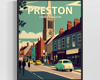 Preston UK Retro Art Print, Preston Wall Art Illustration, Preston Vintage Minimal Design Poster