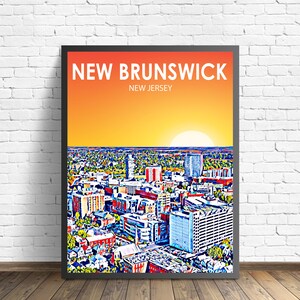 Impression d'affiche de paysage coucher de soleil dans le New Jersey, Nouveau-Brunswick, ville du Nouveau-Brunswick, toile murale encadrée, croquis d'horizon coloré