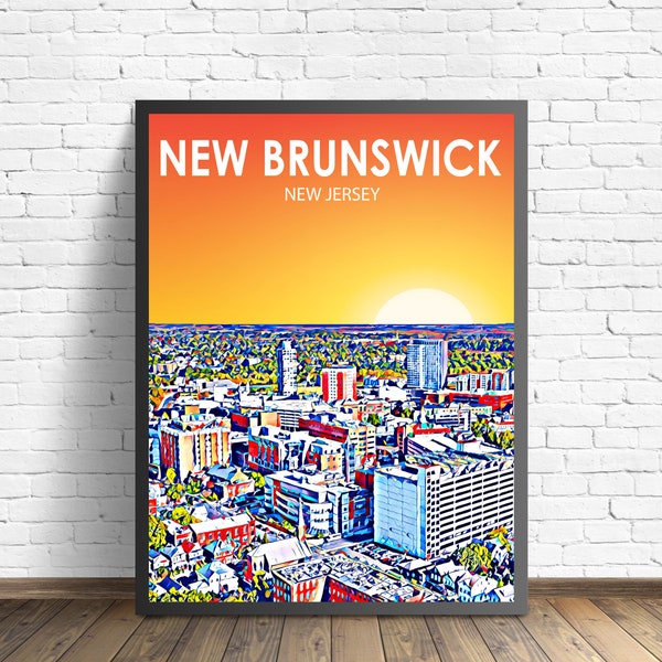 New Brunswick New Jersey Sunset Landscape Poster Print, New Brunswick City Framed Wall Canvas Art Colorful Skyline Sketch Photo