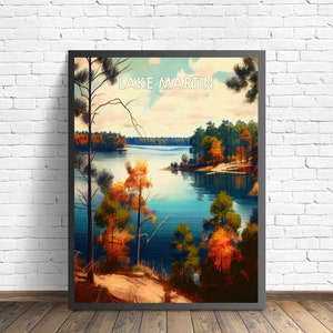 Impression d'art rétro du lac Martin en Alabama, illustration d'art mural du lac Martin en Alabama, oeuvre d'art affiche design vintage des années 1960 du lac Martin en Alabama