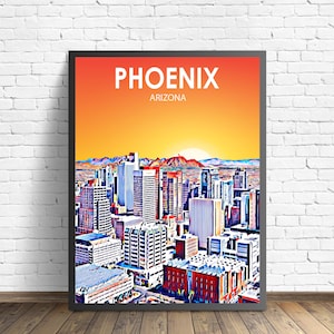 Phoenix AZ Art Poster, Arizona Sunset Landscape Poster Print, Phoenix City Framed Wall Canvas Art Colorful Skyline Sketch Photo