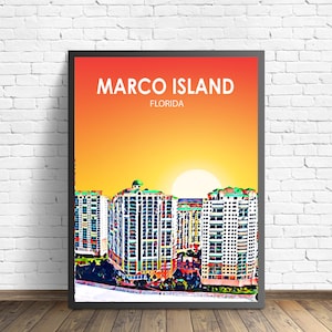 Marco Island Art Poster Florida Sunset Landscape Poster Print, Marco Island City Wall Canvas Art Colorful Skyline Sketch Photo