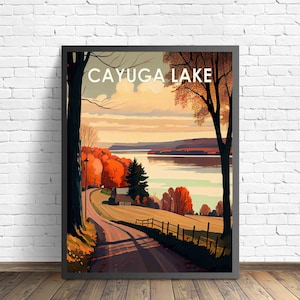 Impression d'art rétro de Cayuga Lake New York, Illustration d'art mural New York de Cayuga Lake, oeuvre d'art affiche Design vintage des années 1960 de Cayuga Lake New York