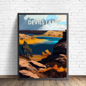 Devils Lake North Dakota Retro Kunstdruck, Devils Lake North Dakota Wand Kunst Illustration, Vintage 1960er Jahre Design Poster Artwork