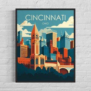 Cincinnati Ohio Retro Art Print, Cincinnati Wall Art Illustratie, Cincinnati Vintage Minimal Design Poster