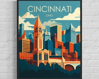Cincinnati Ohio Retro Art Print, Cincinnati Wall Art Illustration, Cincinnati Vintage Minimal Design Poster