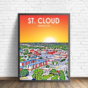 St. Cloud MN Art Poster, Minnesota Sunset Landscape Poster Print, St. Cloud City Framed Wall Canvas Art Colorful Skyline Sketch Photo