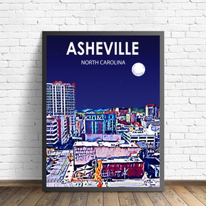Asheville North Carolina Art Poster Sunset / Night Landscape Poster Print, Asheville Framed Wall Art Sketch Home Decor