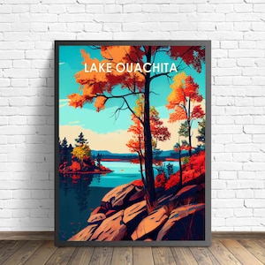 Impresión de arte retro del lago Ouachita Arkansas, ilustración de arte mural del lago Ouachita Arkansas, póster de diseño vintage de los años 60