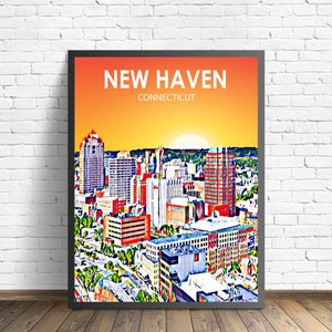 New Haven CT Art Poster Sunset Landscape Poster Print, New Haven City Wall Canvas Art Colorful Skyline Sketch Photo