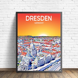 Dresden Germany Art Poster Sunset / Night Poster Art Print, Dresden City Modern Wall art, Colorful Skyline Canvas