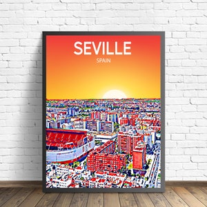 Seville Spain Art Poster Sunset / Night Poster Art Print, Seville City Framed Modern Wall art, Colorful Skyline Canvas Photo sketch Gift