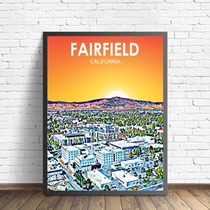 Fairfield California Art Poster Sunset Landscape Poster Print, Fairfield City Wall Art United States Colorful Skyline Sketch Photo