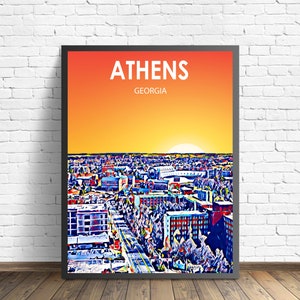 Athens Georgia Kunst Poster Sonnenuntergang / Nacht Landschaft Poster Print, Athens Wandkunst USA, bunte Skizze Wohnkultur