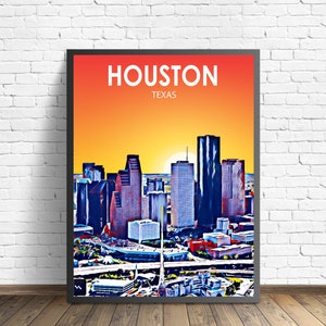Houston TX Art Poster, Texas Sunset Landscape Poster Print, Houston Framed Wall Art United States Colorful Skyline Sketch Photo