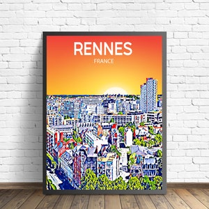 Rennes France Art Poster Sunset / Night Poster Art Print, Rennes  City Modern Wall art, Colorful Skyline Canvas Photo sketch