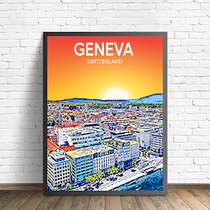 Geneva Switzerland Art Poster Sunset / Night Poster Art Print, Geneva City Framed Modern Wall art, Colorful Skyline Canvas Sketch Photo