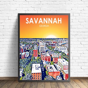 Savannah GA Art Poster, Georgia Sunset Landscape Poster Print, Savannah City Framed Wall Canvas Art Colorful Skyline Sketch Photo