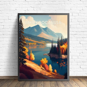 Impression d'art rétro du lac Koocanusa, illustration d'art mural lac Koocanusa, oeuvre d'art affiche design vintage des années 1960 lac Koocanusa