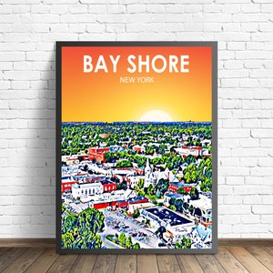 Bay Shore New York Art Poster Sunset / Night Landscape Poster Print, Bay Shore City Framed Wall Art United States, Colorful Skyline Sketch