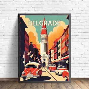Impresión de arte retro de Belgrado, Serbia, ilustración de arte mural de Belgrado, póster de diseño minimalista vintage de Belgrado