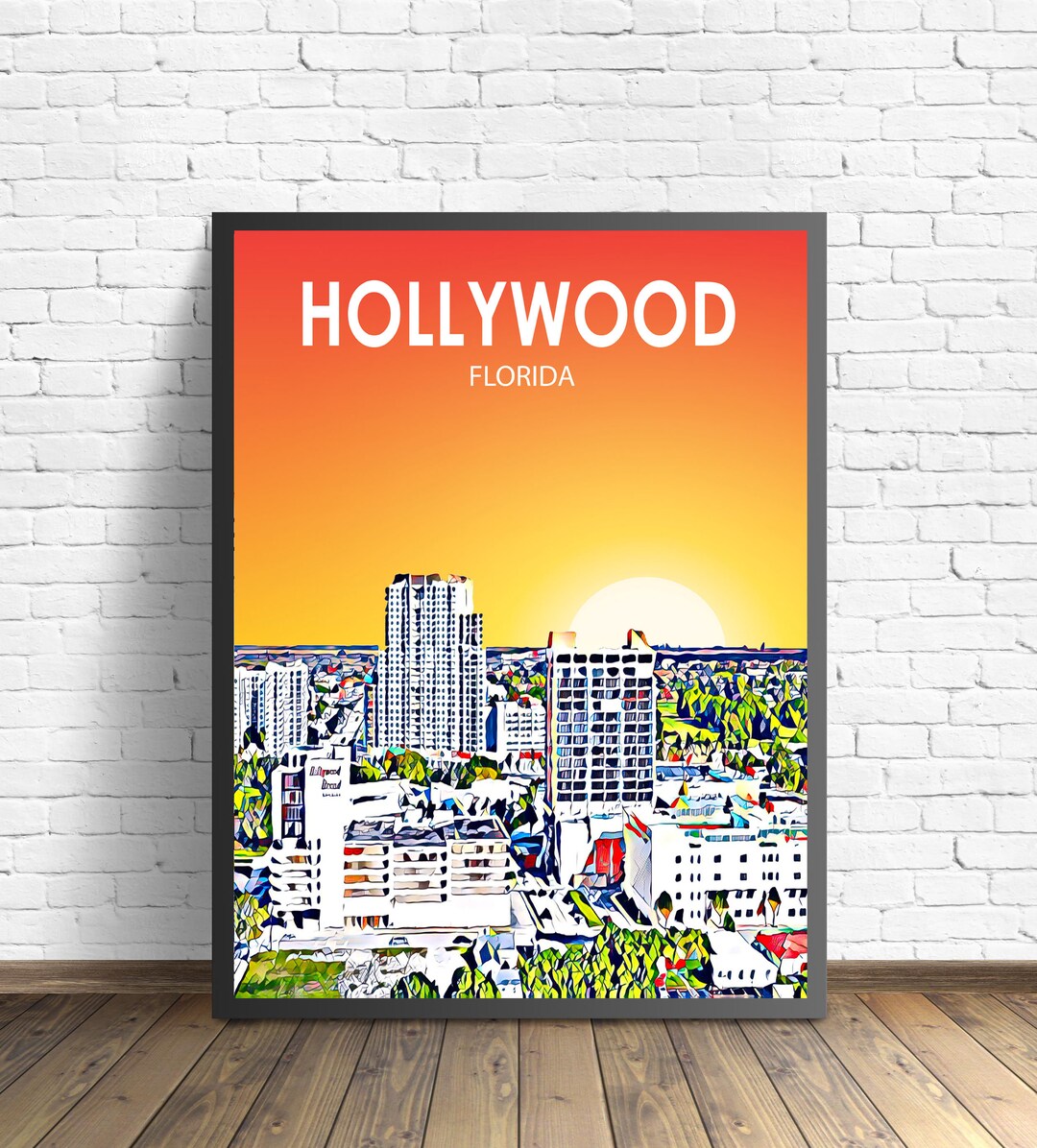 Wall Photo States - Sunset Poster Colorful Hollywood Etsy Skyline Landscape Poster, Florida Art Hollywood United FL Framed Art Print, Sketch