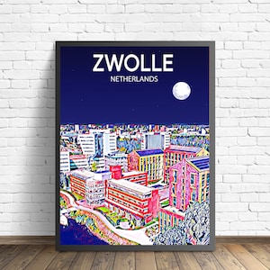 Zwolle Niederlande Kunst Poster Sonnenuntergang / Nacht Poster Kunstdruck, Zwolle Stadt Moderne Wandkunst, Bunt Skyline Leinwand Foto