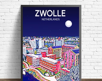 Zwolle Netherlands Art Poster Sunset / Night Poster Art Print, Zwolle City Modern Wall art, Colorful Skyline Canvas Photo
