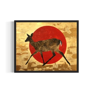 Deer Art Print, Red And Gold Wall Art Decoration Artwork