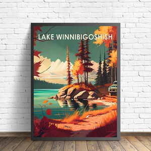 Impresión de arte retro del lago Winnibigoshish, ilustración de arte mural del lago Winnibigoshish, póster con diseño vintage de los años 60 del lago Winnibigoshish